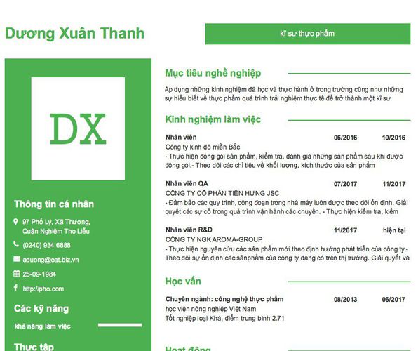 Mẫu CV kĩ sư thực phẩm