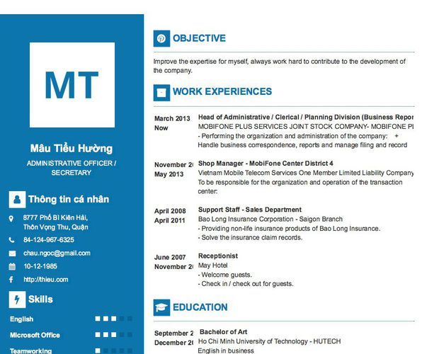 Mẫu CV ADMINISTRATIVE OFFICER / SECRETARY