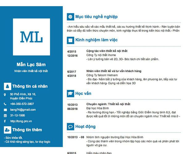 Mẫu CV Nhân viên thiết kế nội thất