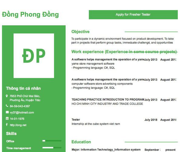 Mẫu CV Apply for Fresher Tester