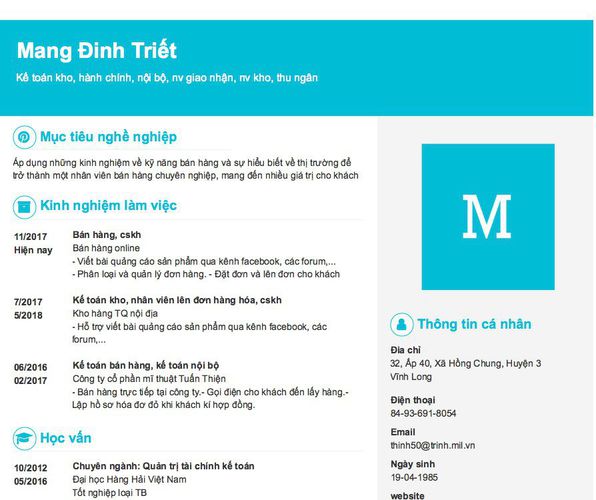 Mẫu CV Kế toán kho, hành chính, nội bộ, nv giao nhận, nv kho, thu ngân
