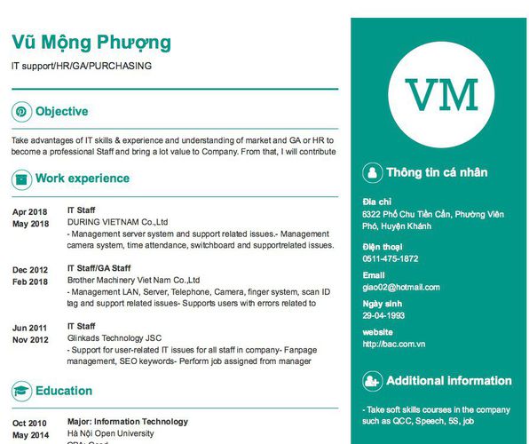 Mẫu CV IT support/HR/GA/PURCHASING