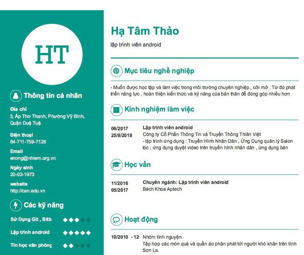 Mẫu CV lập trình viên android