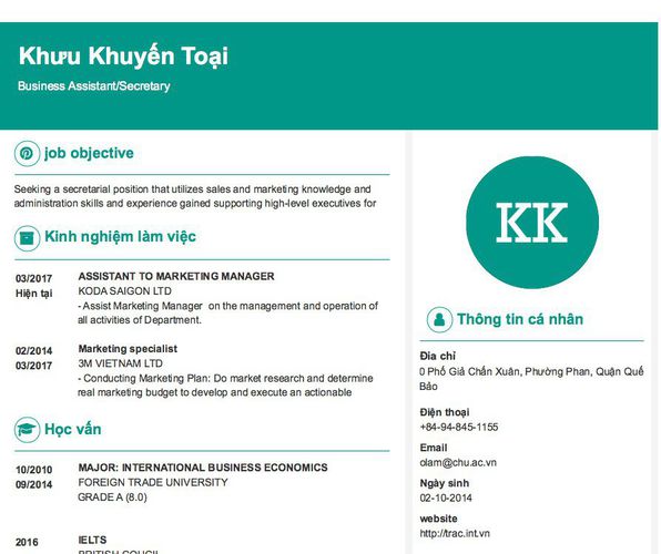 Mẫu CV Business Assistant/Secretary