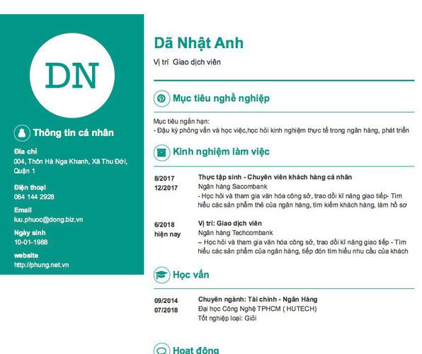 Mẫu CV Vị trí  Giao dịch viên