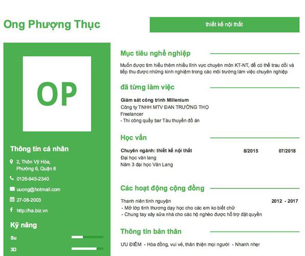 Mẫu CV thiết kế nội thất