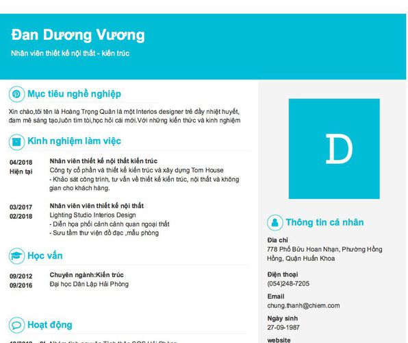 Mẫu CV Nhân viên thiết kế nội thất - kiến trúc