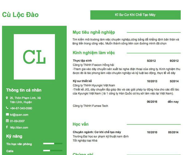 Mẫu CV Kĩ Sư Cơ Khí Chế Tạo Máy