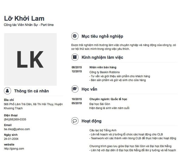 Mẫu CV Công tác Viên Nhân Sự - Part time