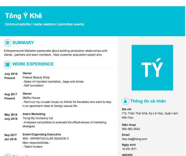 Mẫu CV CommunicatioNs / media relations / promotion events