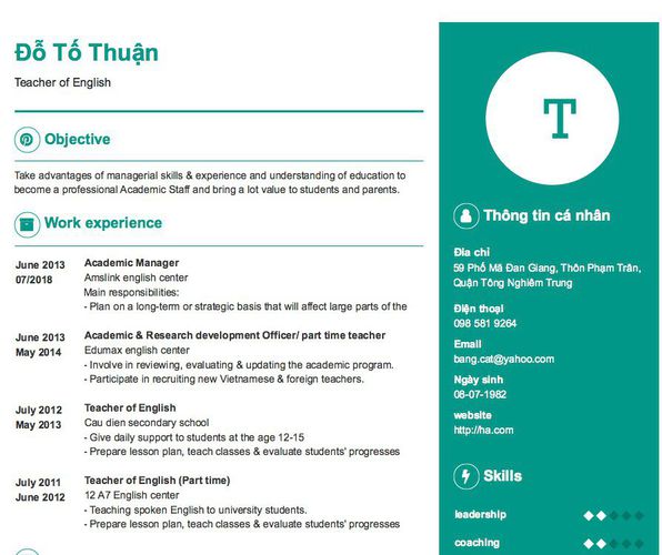 Mẫu CV Teacher of English