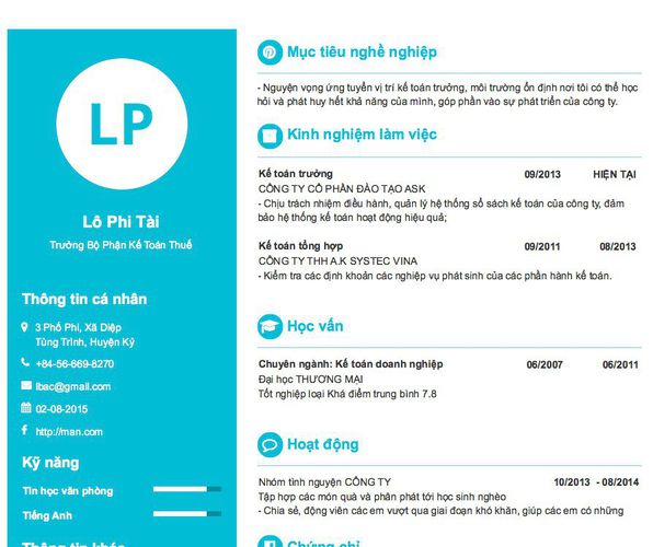 Mẫu CV Trưởng Bộ Phận Kế Toán Thuế