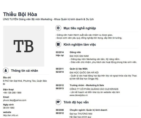 Gợi ý cách viết Mẫu CV tham khảo ỨNG TUYỂN Giảng viên Bộ môn Marketing - Khoa Quản trị kinh doanh & Du lịch