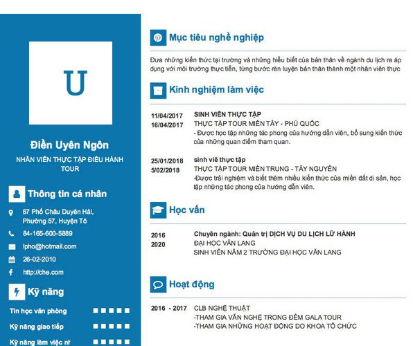 Gợi ý cách viết Mẫu CV tham khảo NHÂN VIÊN THỰC TẬP ĐIỀU HÀNH TOUR