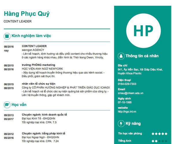 Mẫu CV CONTENT LEADER