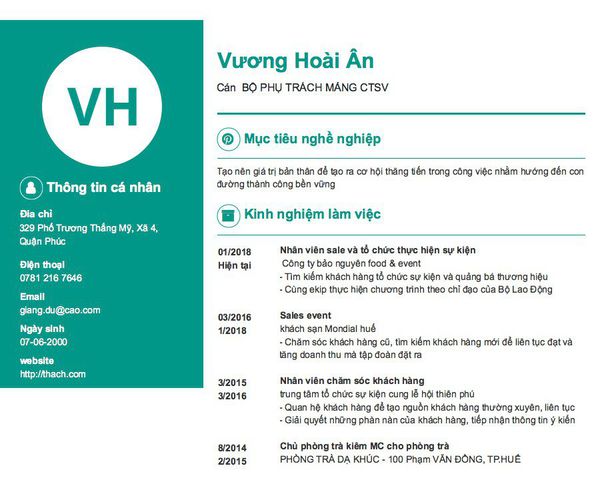Mẫu CV Cán  BỘ PHỤ TRÁCH MẢNG CTSV