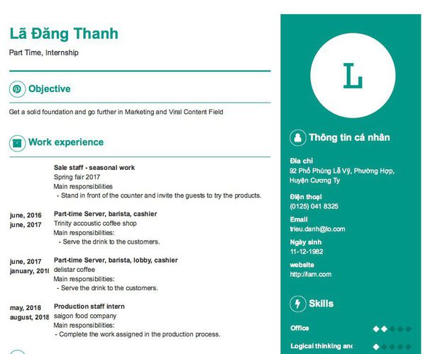 Mẫu CV Part Time, Internship