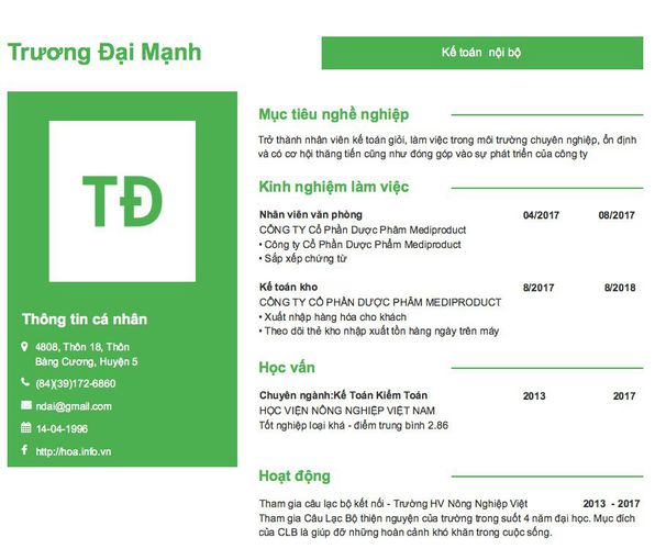 Mẫu CV Kế toán  nội bộ