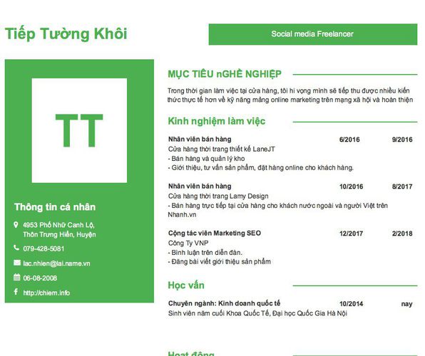Mẫu CV Social media Freelancer