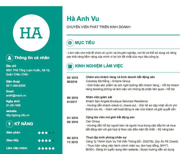 Mẫu CV CHUYÊN VIÊN PHÁT TRIỂN KINH DOANH