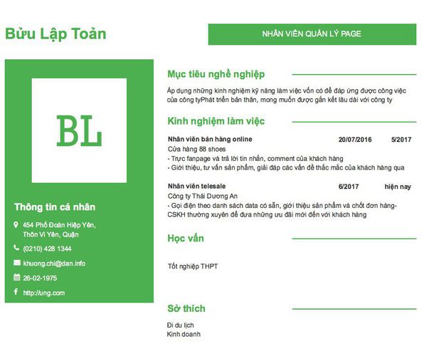 Gợi ý cách viết Mẫu CV tham khảo NHÂN VIÊN QUẢN LÝ PAGE