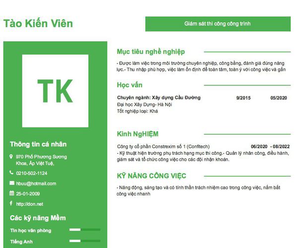 Mẫu CV Giám sát thi công công trình
