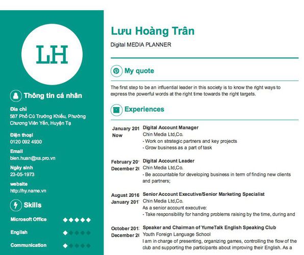 Mẫu CV Digital MEDIA PLANNER