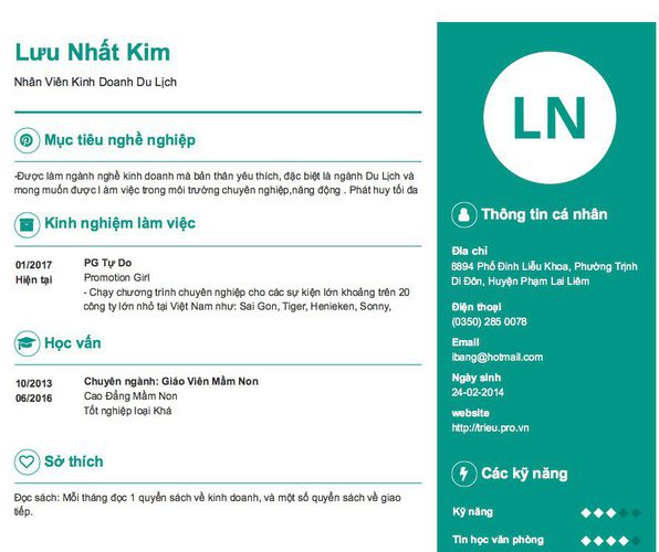 Mẫu CV Nhân Viên Kinh Doanh Du Lịch