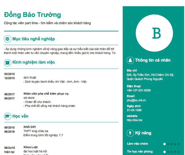 Mẫu CV Cộng tác viên part time - tìm kiếm và chăm sóc khách hàng 