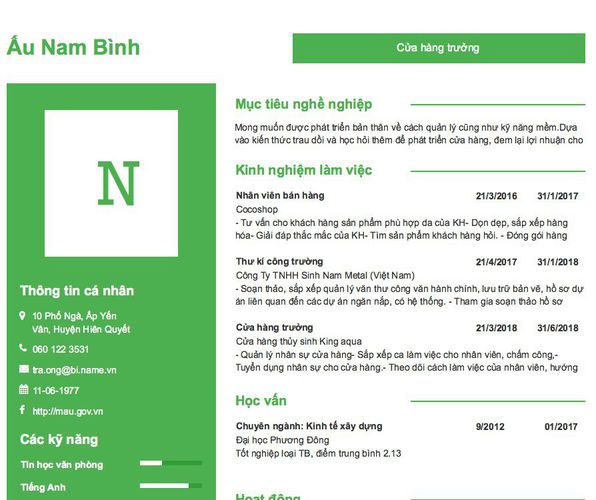 Mẫu CV Cửa hàng trưởng