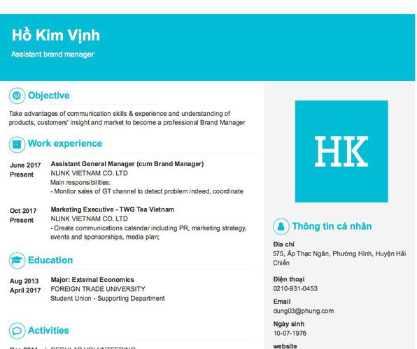 Mẫu CV Assistant brand manager