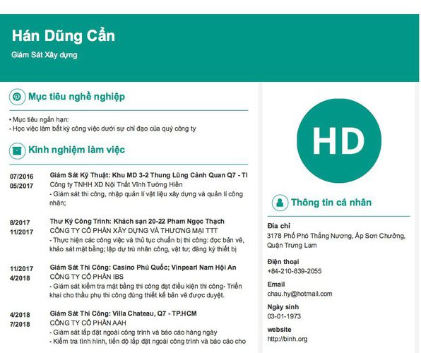 Mẫu CV Giám Sát Xây dựng