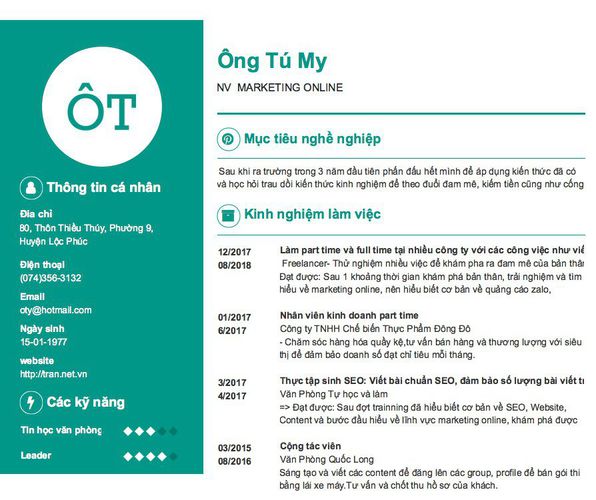 Mẫu CV NV  MARKETING ONLINE