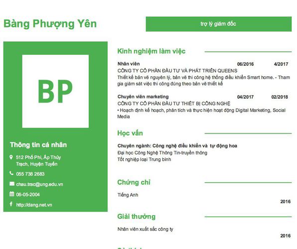 Mẫu CV trợ lý giám đốc