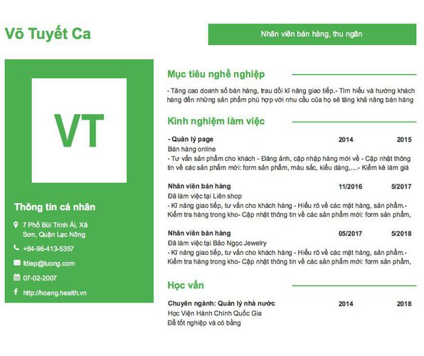 Mẫu CV Nhân viên bán hàng, thu ngân