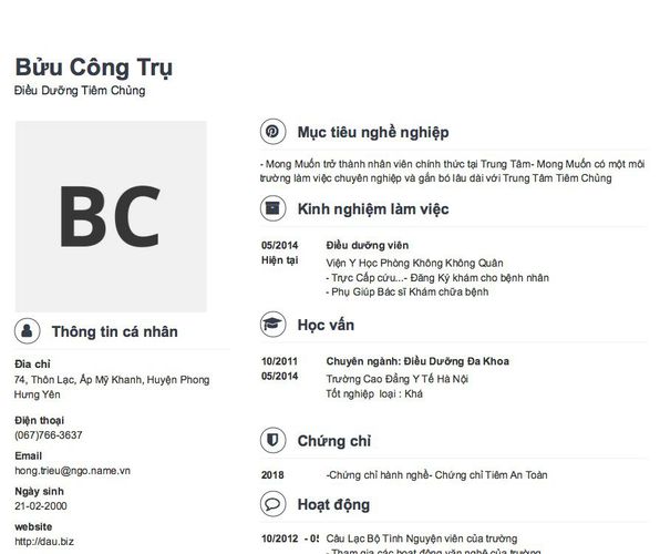 Gợi ý cách viết Mẫu CV tham khảo Điều Dưỡng Tiêm Chủng