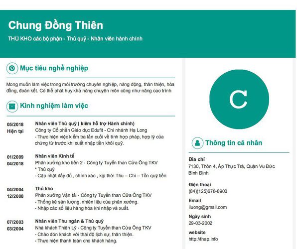 Mẫu CV THỦ KHO các bộ phận - Thủ quỹ - Nhân viên hành chính