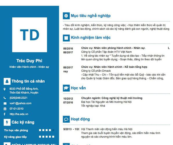 Mẫu CV Nhân viên Hành chính - Nhân sự