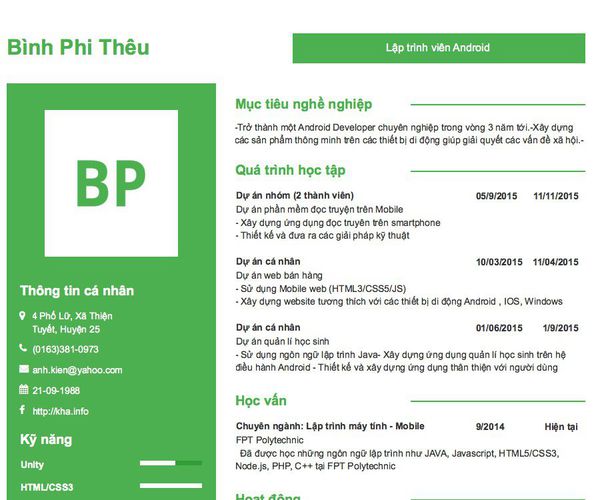 Mẫu CV Lập trình viên Android