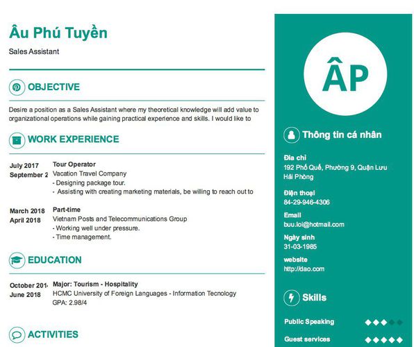 Mẫu CV Sales Assistant