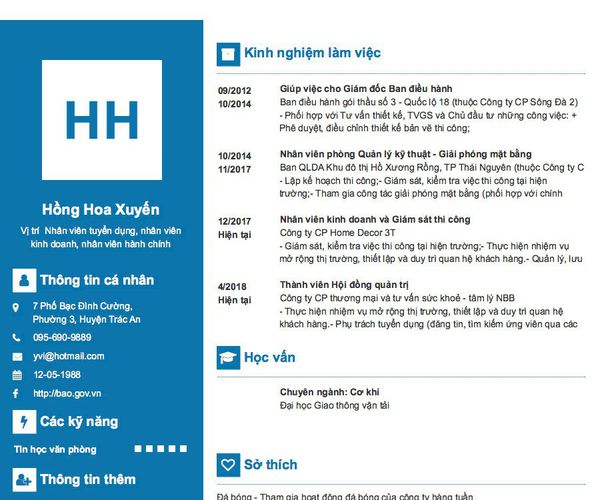 Mẫu CV Vị trí  Nhân viên tuyển dụng, nhân viên kinh doanh, nhân viên hành chính