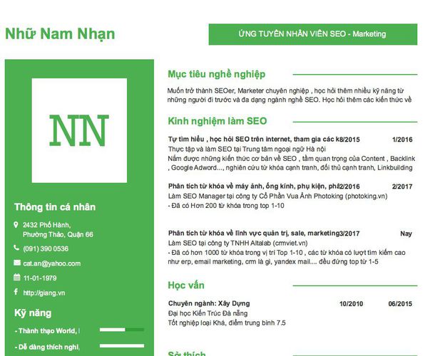 Gợi ý cách viết Mẫu CV tham khảo ỨNG TUYỂN NHÂN VIÊN SEO - Marketing