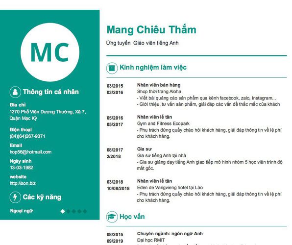 Gợi ý cách viết Mẫu CV tham khảo Ứng tuyển  Giáo viên tiếng Anh