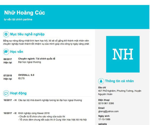 Mẫu CV tư vấn tài chính partime