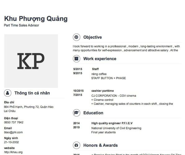 Mẫu CV Part Time Sales Advisor