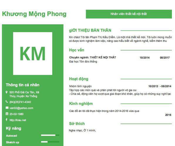 Mẫu CV Nhân viên thiết kế nội thất