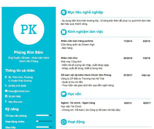 Mẫu CV Ứng Tuyển: Kế toán , Nhân viên Hành Chính Văn Phòng