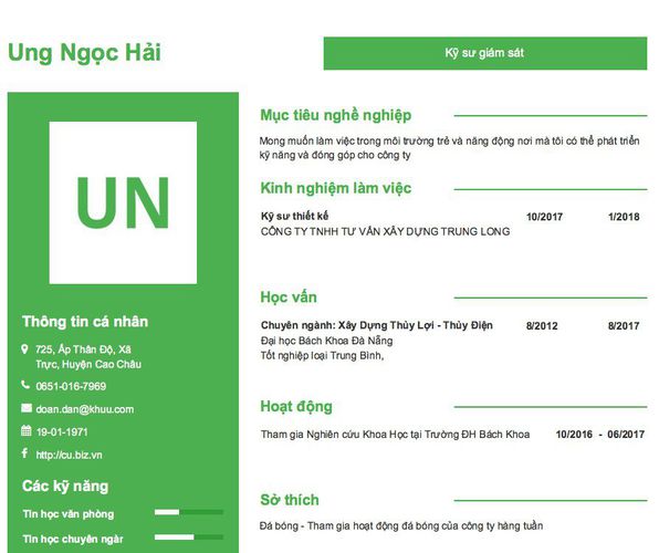 Mẫu CV Kỹ sư giám sát