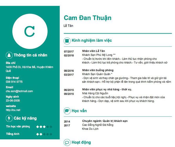 Mẫu CV Lễ Tân