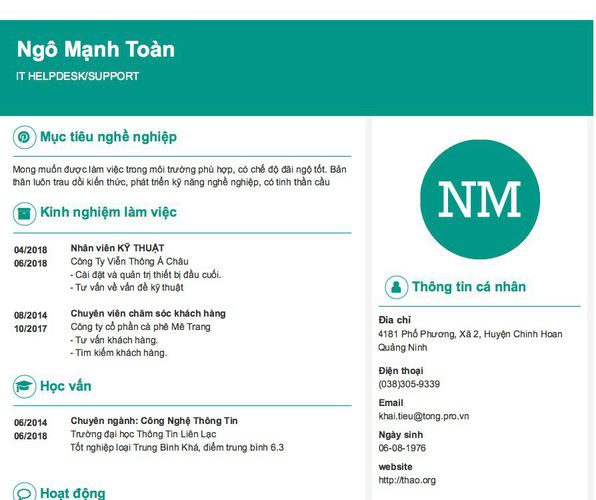 Mẫu CV IT HELPDESK/SUPPORT